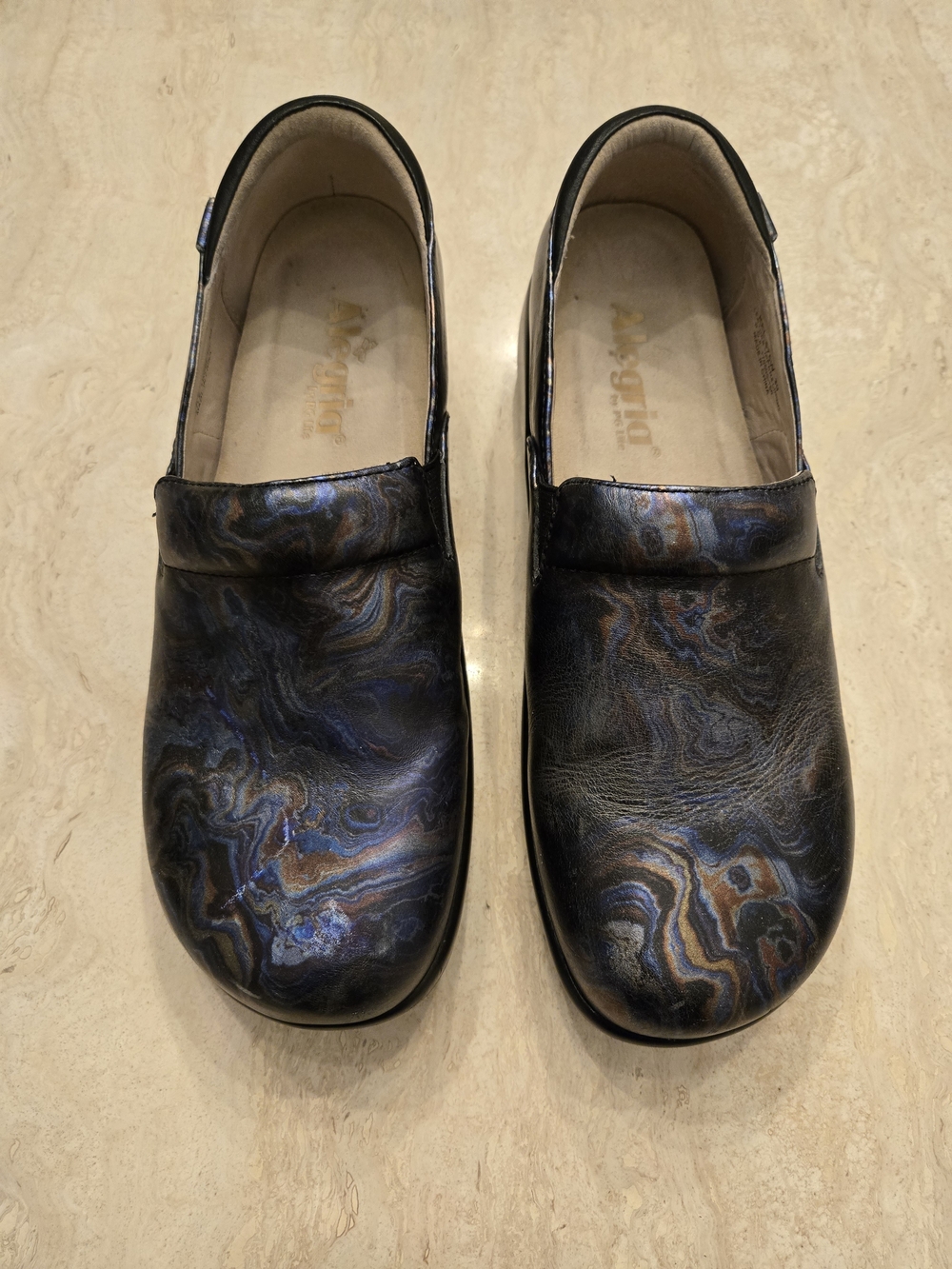 Alegria Marble-Pattern Leather Slip-On Clogs in Black, Blue and Brown